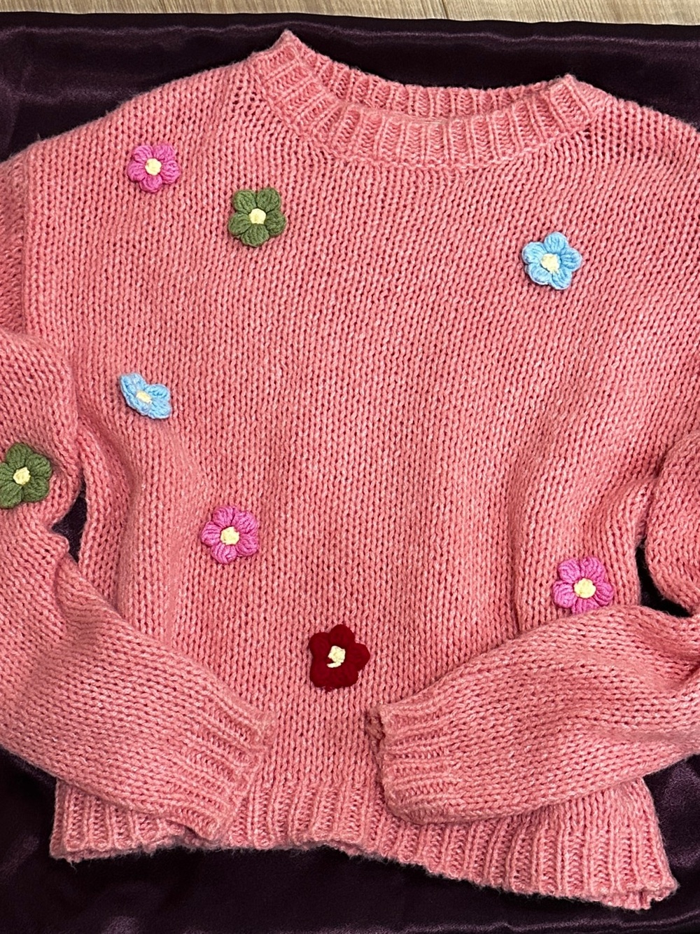 Fashion Nova Pink Crewneck Sweater with Multicolor Floral Appliqués